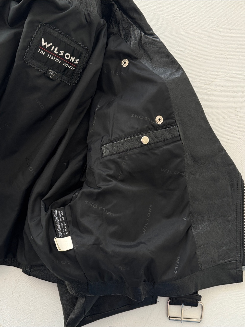 Vintage Wilson’s leather Classic Black Moto motorcycle Jacket with Belt medium - Picture 10 of 13